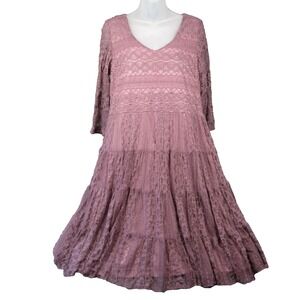 Vtg Rods Lace Midi Dress XL Dusty Rose Tiered Cowgirl Whimsigoth Fairycore Dance